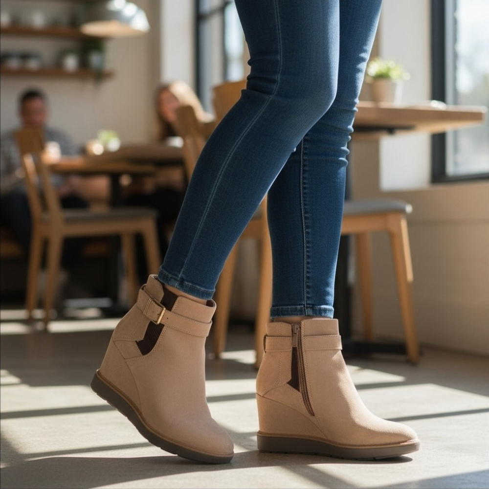 Dr Scholl's Classic Ripple Buckle Wedge Boots Booties - 10 M Khaki Tan Beige